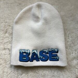 YP Classics Base Embroidered Beanie Hat White Blue Snow Logo Acrylic Knit